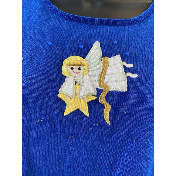 Womens Quacker Factory Christmas Angel Sequin Needlepoint Blue Shirt Small Vtg - Picture 2 of 6